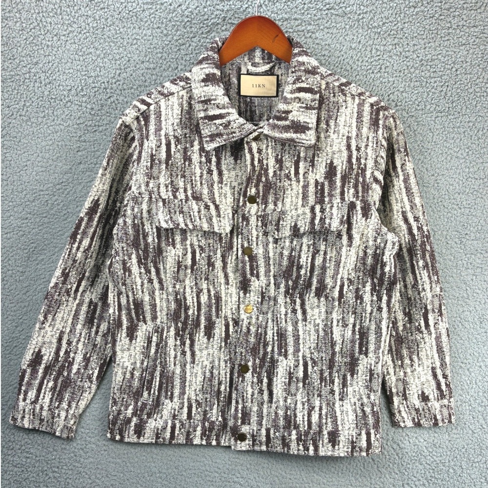 11KN Jacquard Tapestry Trucker Jacket Mens M Brown White Streetwear Woven